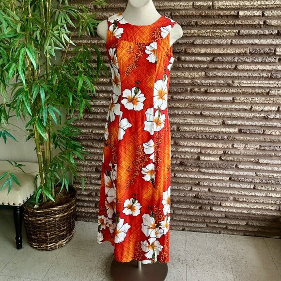 Vintage 60s Hawaiian Orange Floral Tiki Barkcloth Maxi Dress from Penney's - Picture 9 of 11